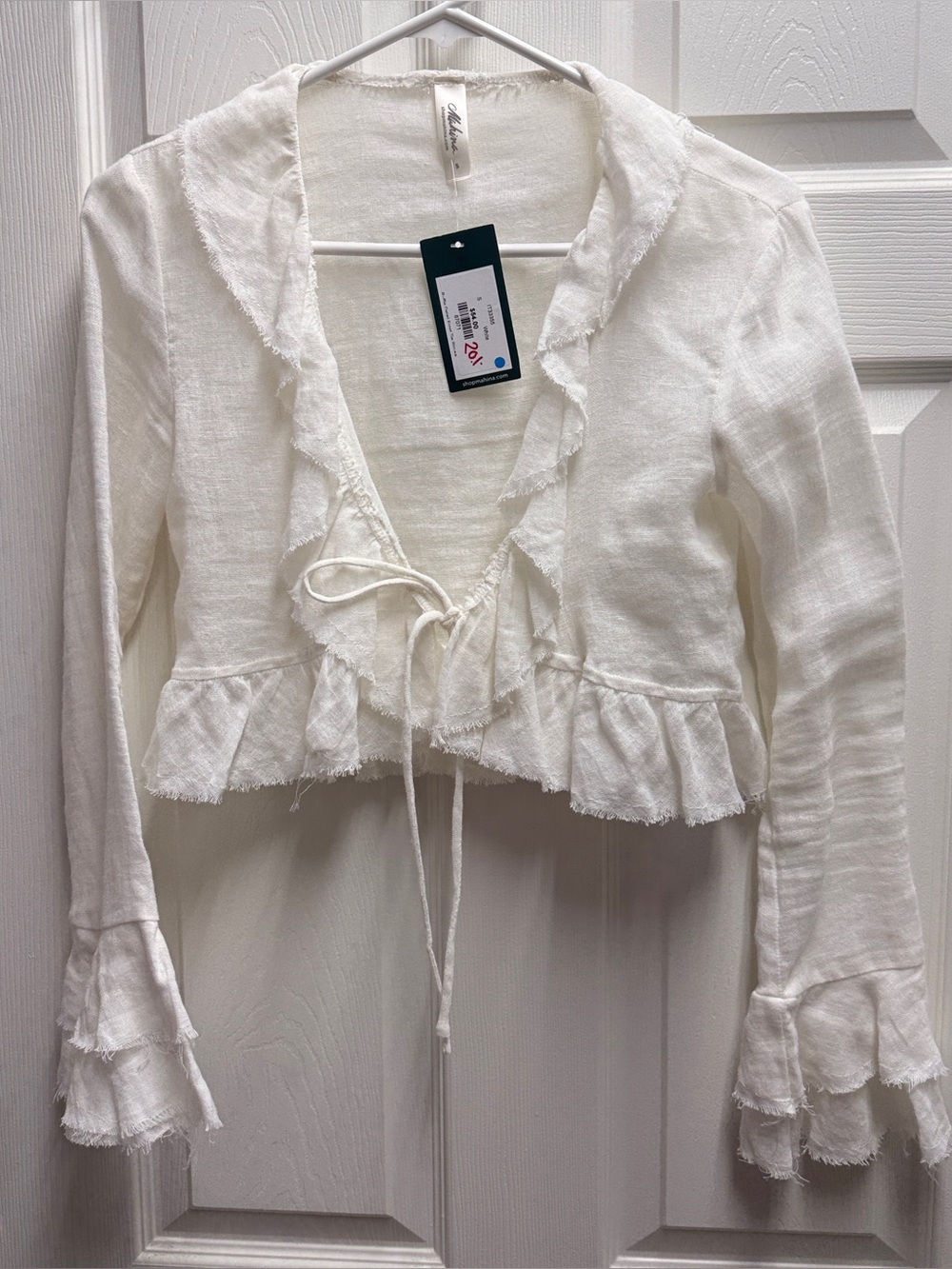 mahina White Ruffle Tie-Front Cropped Top